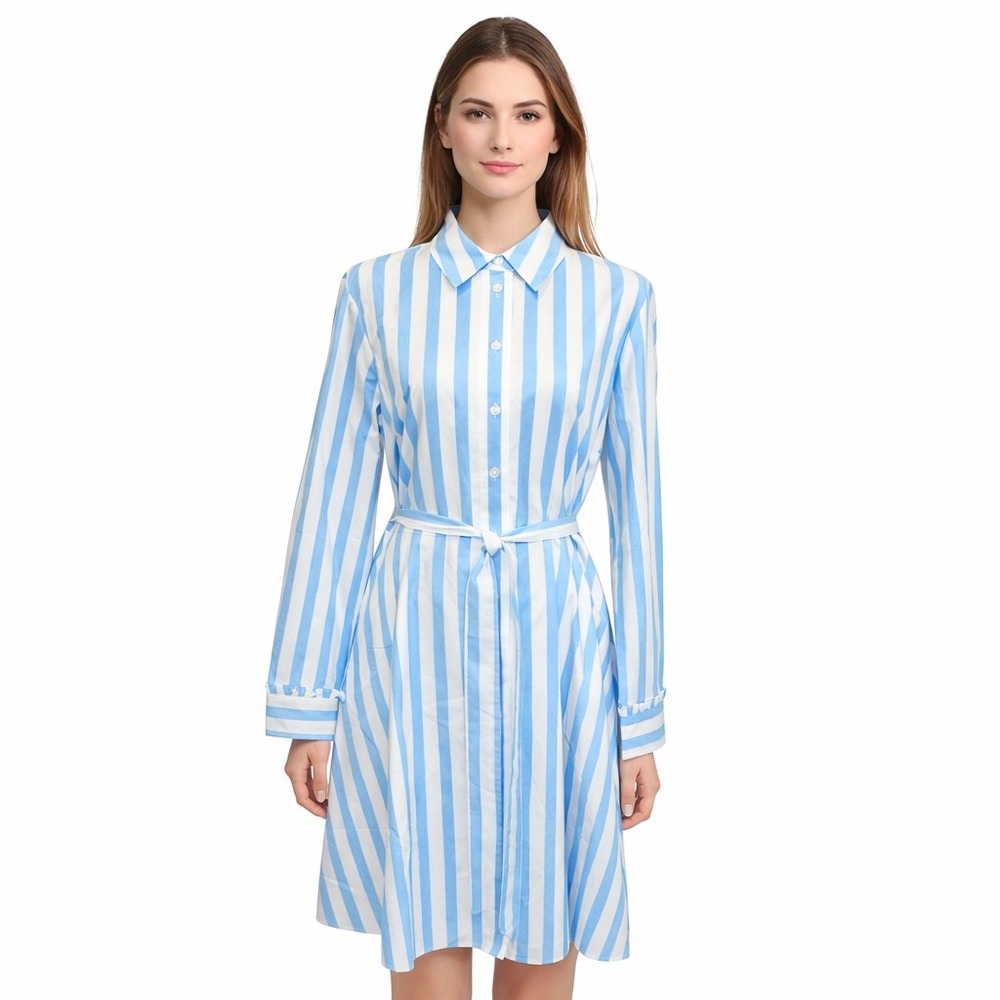 Draper James Blue White Striped Shirt Dress Long Sleeve Tie Waist Cotton W Sz 8